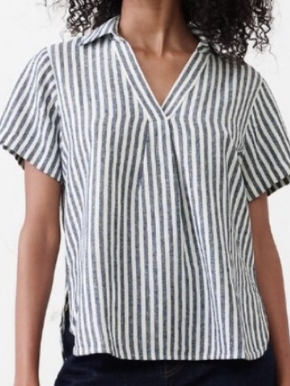 Banana Republic Linen Blue/White Stipe Popover Top V neck Euro Summer Coastal M